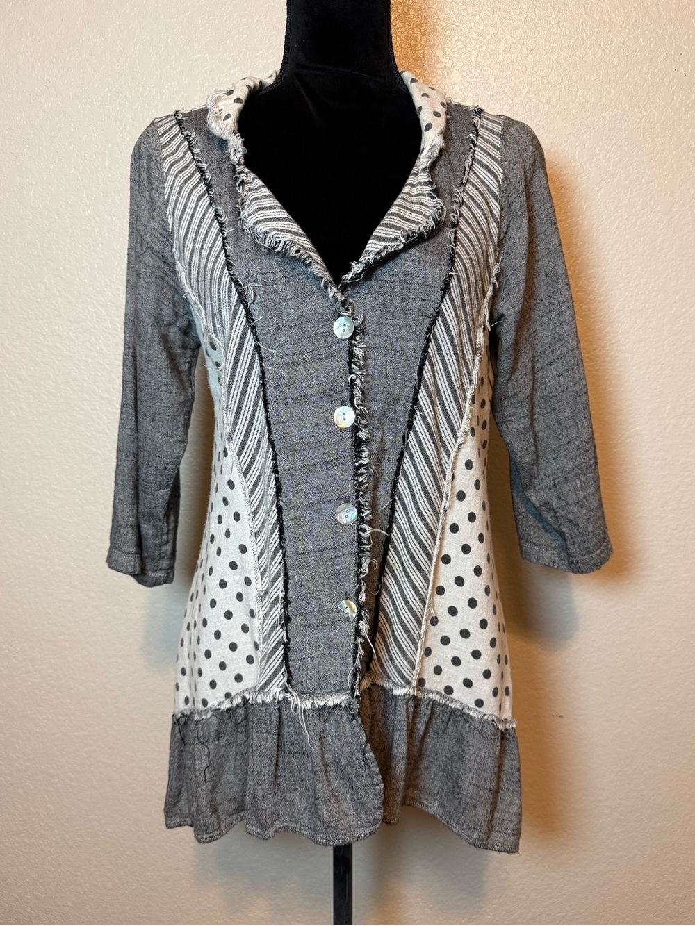Paper Lace Mixed Media Patchwork Button Up Top Gray Cream Stripes Dots Small